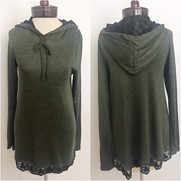 Gorgeous Olive & Lace Tunic Hoodie Top SML - Picture 4 of 7